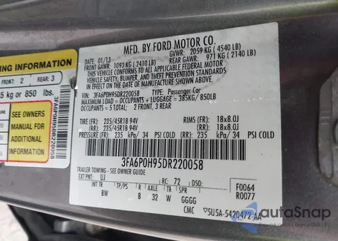 2013 Ford Fusion Se z USA, uszkodzony, nr VIN 3FA6P0H95DR220058